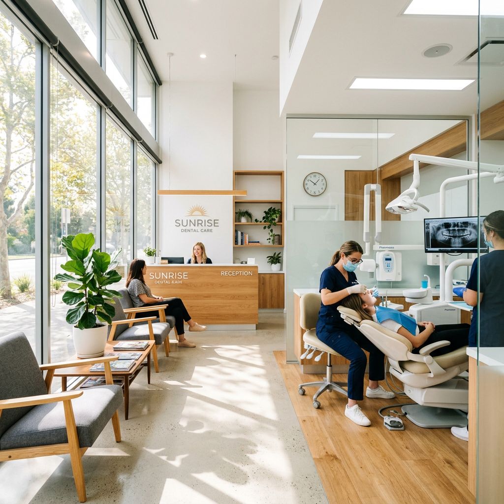 Patient getting dental treatment in a modern clinic with receptionist and waiting area